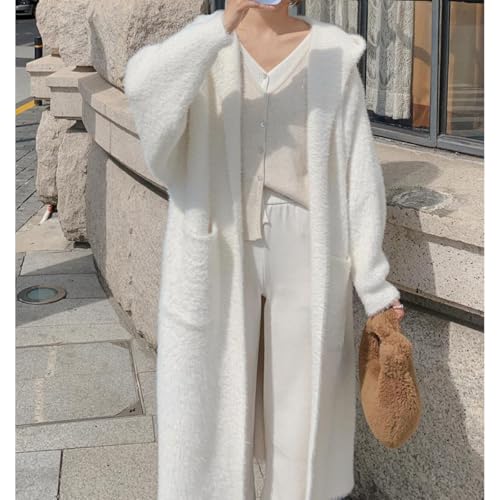 MOLERFO Long Fuzzy Cardigan Hooded Oversized Open Front Mohair Sweater Women Soft Cozy Warm Trendy Coquette Loungewear White2