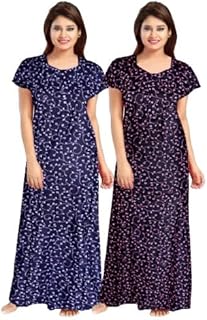 Permium Combo Cotton Long Half Sleeve Printed Nighty for Women-SkyBlue-Dark Blue-picture-12