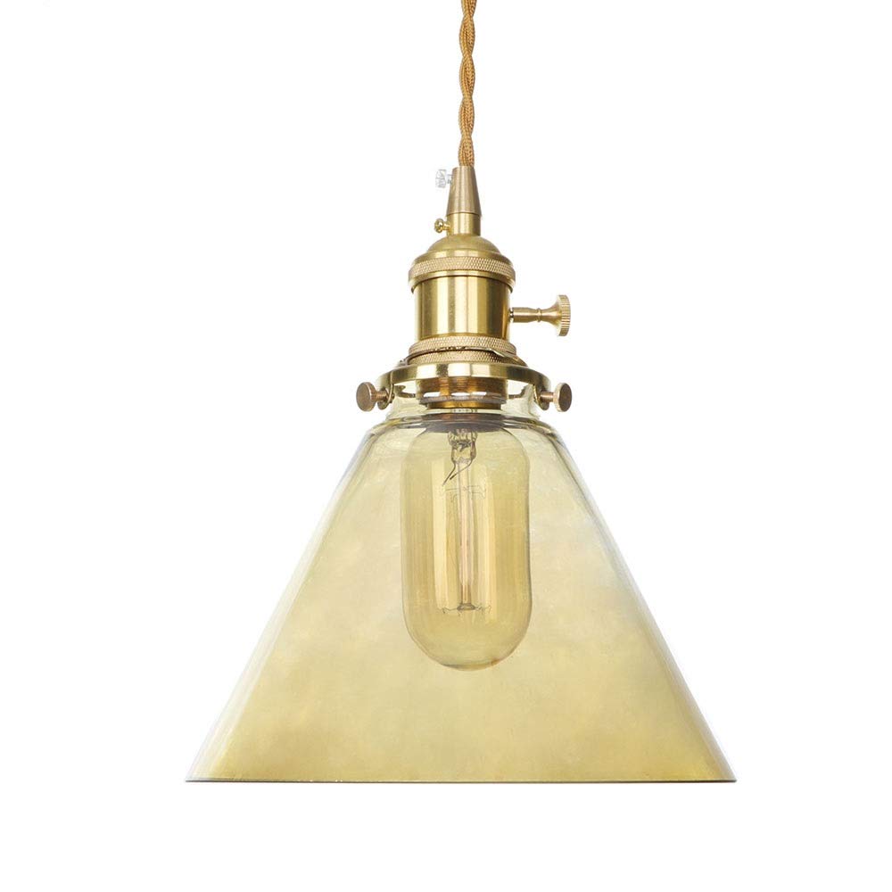 Lot de 2 Luminaires Suspendus | Abat-Jour En Verre Entonnoir | Finition Laiton | Suspensions À Base Moyenne | E27 Max. 60 Watts | Ampoules Non Incluses Durable (Col/Ambre