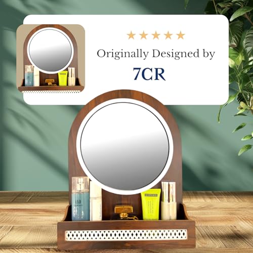 Image of 7CR Wooden Wall Mounted Dressing Round Mirror with Storage Shelf, Round, Walnut Brown, 43.5 x 33.4 x 8 cm