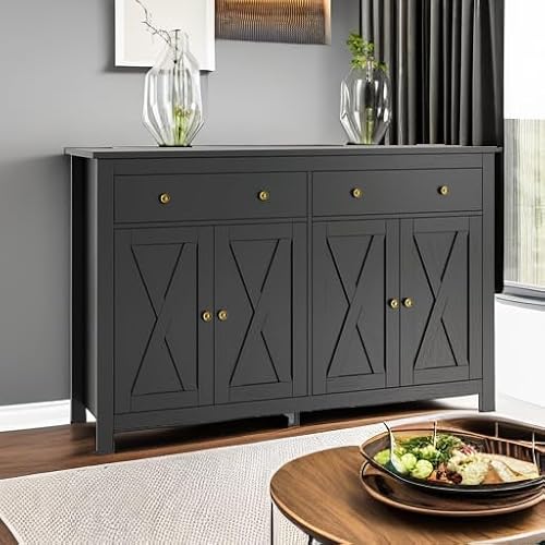FOTOSOK Sideboard Buffet Cabinet with Storage, 55" Large Kitchen Storage Cabinet with 2 Drawers and 4 Doors, Wood Coffee Bar Buffet Table for Kitchen Dining Room, Black