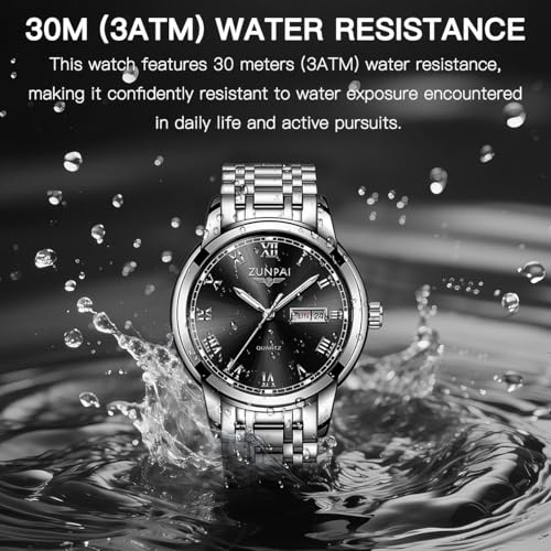 Image of ZUNPAI Watches for Man Analog Quartz Stainless Steel Strap Men Watches Classic Large Roman Numerals Mark Easy to Read Watch with Day Date Waterproof Luminous Mens Watch