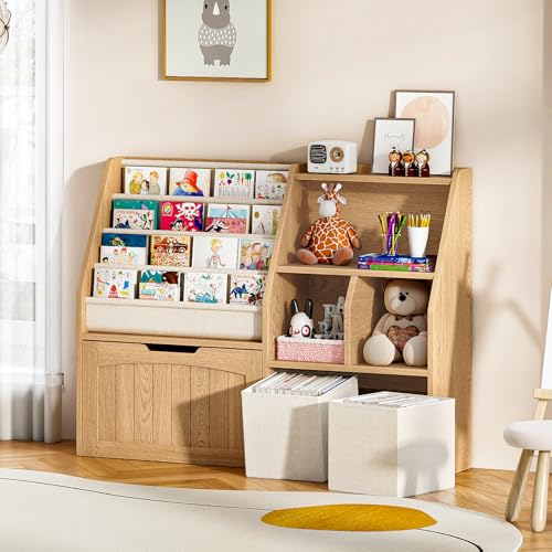 CHOEZON Kids Bookshelf and Toy Storage, Children's Bookcase with 4 Sling Book Shelves, Toy Storage Cubby, Fabric Storage Baskets, Wooden Book Shelf for Kids Room, Nursery, Natural and White MCW17NL