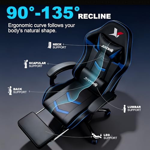Image of Ergonomic Gaming Chair for Adults, Reclining Computer Office Desk Chair with Footrest, Pocket Spring Cushion,Linkage Armrests, Lumbar Support & Headrest, Heavy-Duty Enlarged Metal Base,Blue