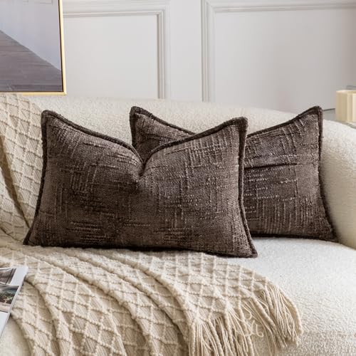 Image of MADIZZ Pack of 2 Chenille Throw Pillow Covers 12x20 Inch Dark Taupe Soft Neutral Decorative Throw Pillows for Couch Sofa Boho Accent Cushion Covers Modern Farmhouse Home Decor for Bedroom Living Room