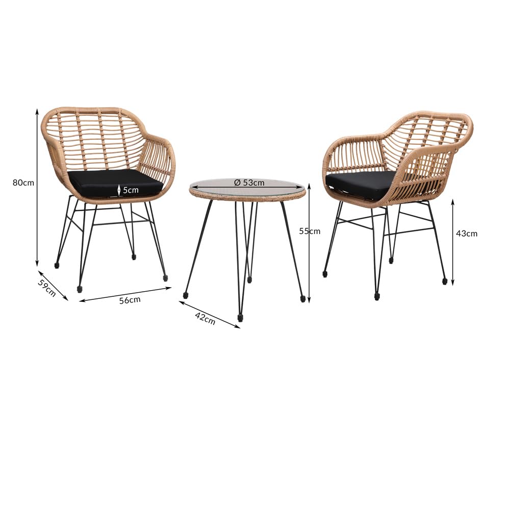 Casaria® Balkonset 3 teilig 5cm Auflagen Wetterfest 5mm Sicherheitsglasplatte Höhenverstellbar Rattan Look Outdoor Terrasse Balkon Gartenmöbel Korbsessel
