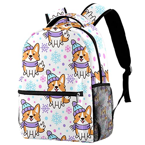 Mochila escolar universitaria de Corgis con copos de nieve y correas acolchadas ergonómicas
