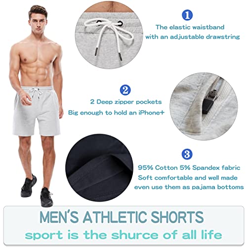 Healong Mens Athletic Shorts Cotton: Gym Workout Running Exercise Training - 7" Elastic Waist Drawstring Fashion Casual Sports For Men With Zipper Pockets Grey #TOP2