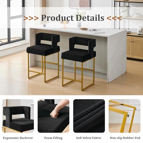 Image of Counter Height Bar Stools Set of 4, Black Velvet Bar Chair Gold Leg