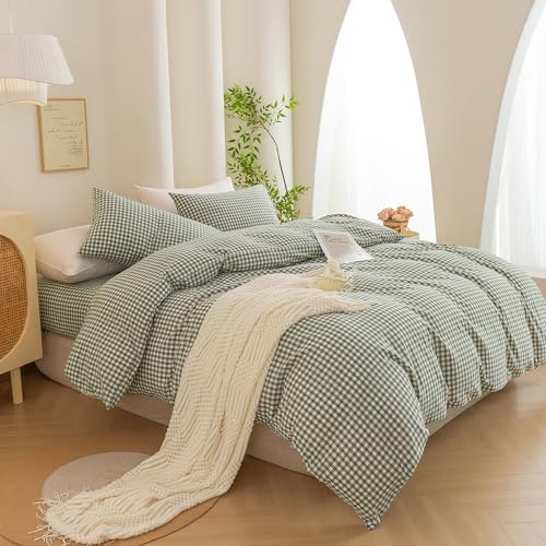 Image of ECOCOTT Green Gingham Duvet Cover King Size 100% Washed Cotton Like Linen Feel Super Soft & Comfy Bedding Set Modern Checkered Design for All Seasons