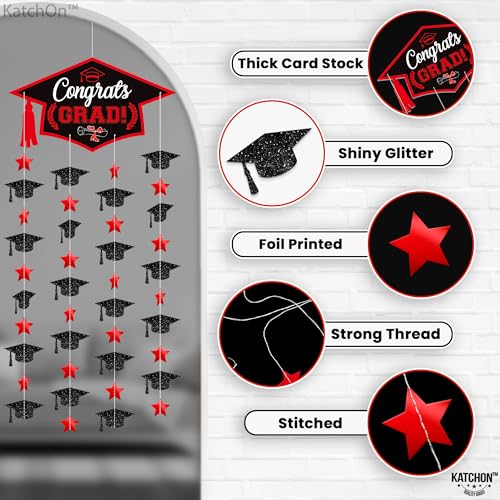 Image of Graduation Decorations 2026, Black and Red Cap Garland - Pack of 2, No DIY | Congrats Grad Garlands for Wall Decor | Cap Garland for Graduation Party Decorations, 2026 Graduation Decoration, KatchOn