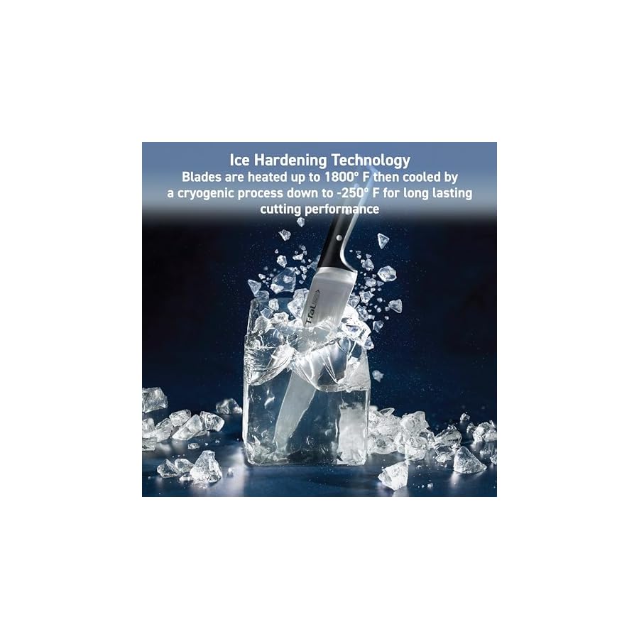 T-fal Ice Force German Stainless Steel Kitchen Knife Set and Wood Block 8 Piece, Long Lasting Sharpness, High Cutting Precision, Superior Durability, Ultra Sharp Blades, Cookware Kitchen Gadget Black