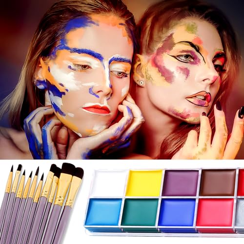 Face Paint Kit, 12 Colors Painting Palette with 10 Brushes Water-Based Body Paint Face Makeup Safe and Easy to Clean for Halloween Carnivals Cosplay Party Stage Performances - Image 8