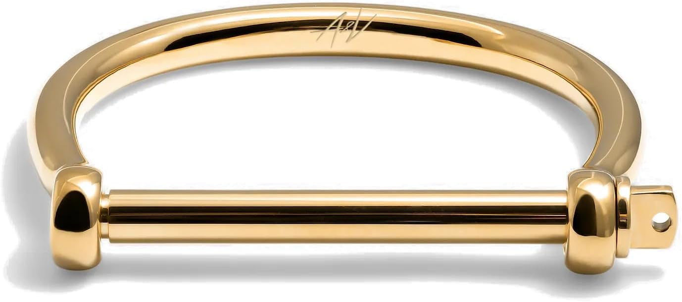 A&V Leather Gold Screw Cuff Bracelet – Stainless Steel Bar Bangle for Men & Women, Minimalist Wrist Cuff with Gift Box
