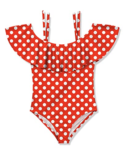 Besserbay Spaghetti Straps One Piece Red Polka Dot Swimsuit Flounce Cold Shoulder Swimwear For Girls 9-10 Years #TOP27