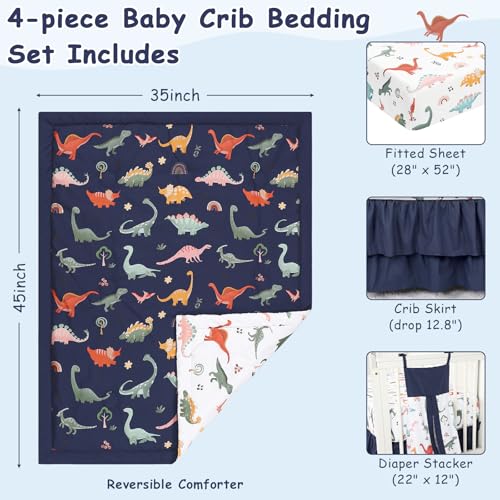 Image of Crib Bedding Set for Boys, Baby Crib Bedding Set 4 Piece, Baby Boy Nursery Bedding Set Including Comforter, Fitted Crib Sheet, Crib Skirt, Diaper Stacker, Blue Dinosaur