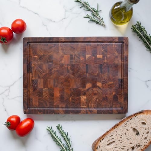 Image of Extra Large Acacia Wood Chopping Board 50x38cm | Restaurant Grade | Serving Platter for Cheese and Snacks | End Grain Butcher Block with Juice Groove