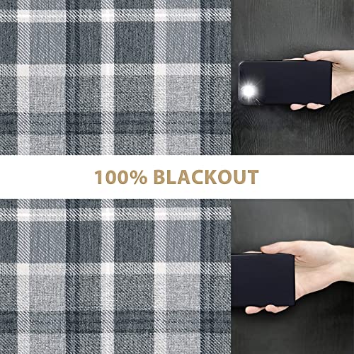 always4u Plaid Curtains for Bedroom Living Room 100% Blackout Thermal Fully Lined Woolen Look Check Drapes Grey Grommet Curtains 84 Inch Length 2 Panels Grey - Image 6