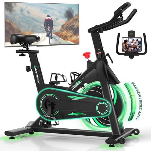 Advamsoler Bicicleta estática con aplicación, silenciosa, con resistencia magnética, pantalla LCD y soporte para tablet, para entrenamiento cardiovascular interior, hasta 160 kg