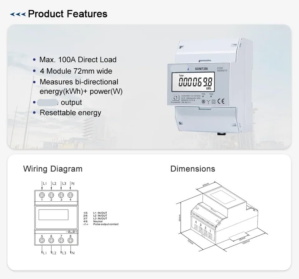 3 Phase 4 Wire Energy Meter, SDM72Bi, 10(100) A, 220/230V, Resettable KWh Bi-Directional Output, MID Version, Din Rail Meter