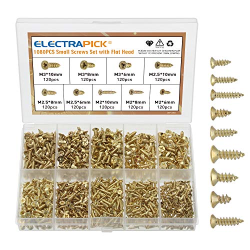 electrapick Kleine Schrauben 1080 Stücke Holzschraube M2 M2.5 M3 6/8/10mm, Kreuz-Antrieb, Gold Cover