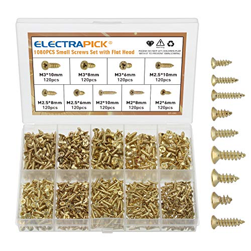 electrapick Malé šrouby 1080 kusů šroub do dřeva M2 M2. 5 M3 6/8/10 mm, křížový pohon, zlatý