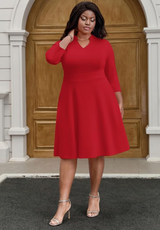 Church Dress for Women V Neck 3/4 Sleeve Midi Causal Cocktail Party A-Line Dresses with Pockets - Image 6