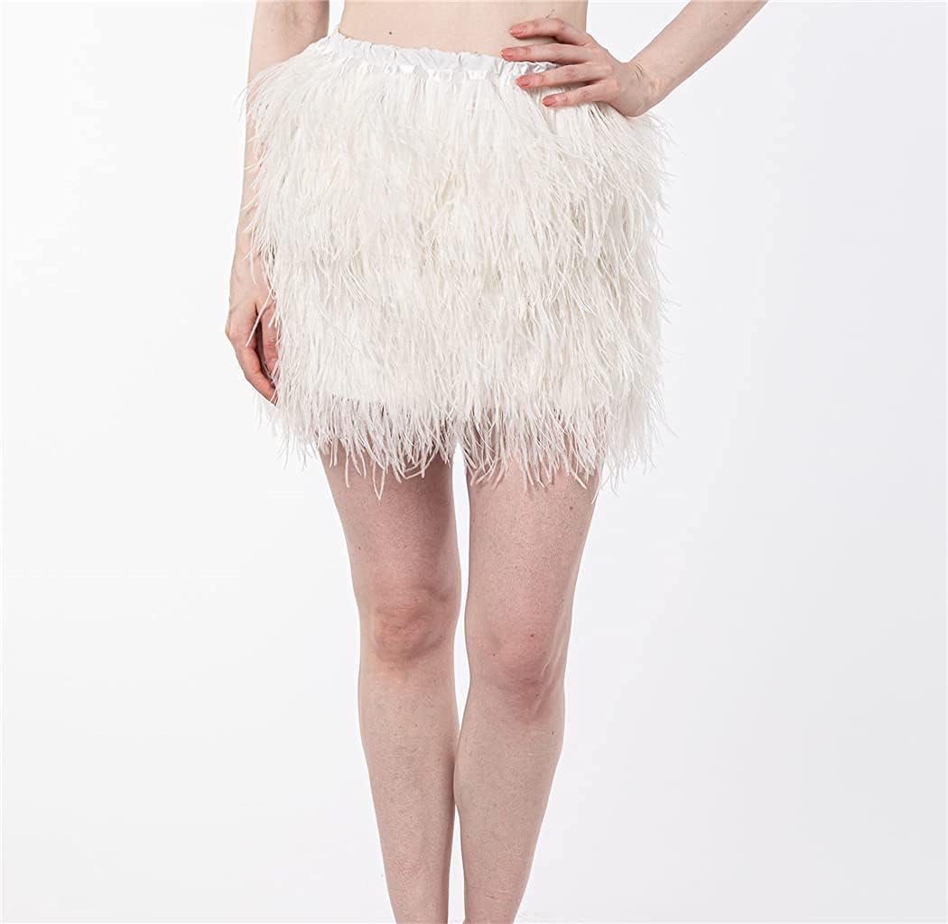 LVCOMEFF Women Natural Ostrich Feather Fur Mini Skirt for Party Club Furry Fluffy