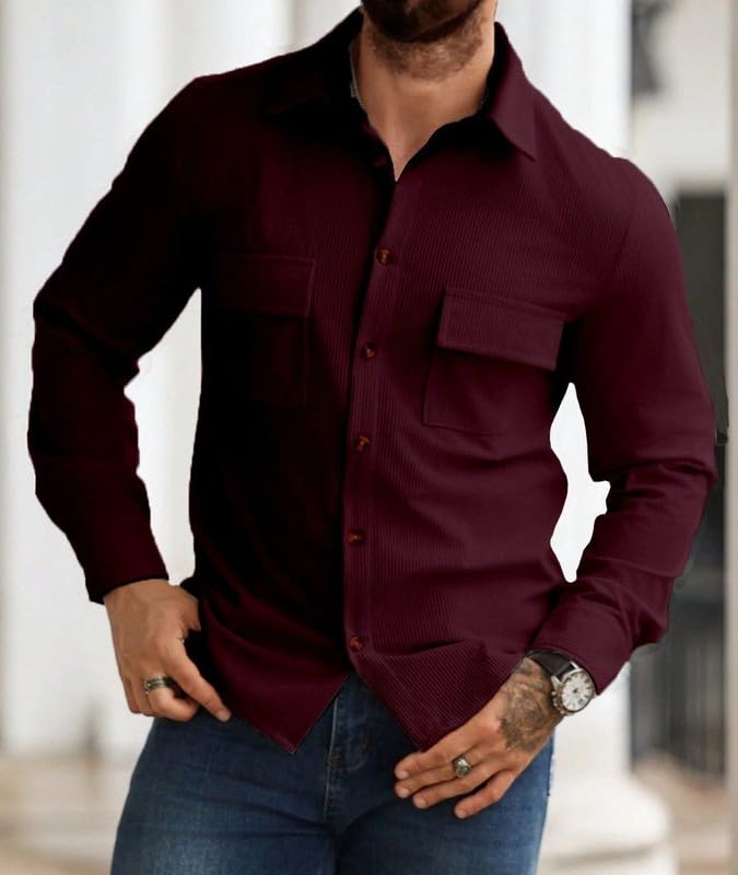 Image of Men Corduroy Casual Jacket Full Sleeve Self Design Button Front with Spread Collar, Woven Cord Lining and Two Pockets for Casual Outings