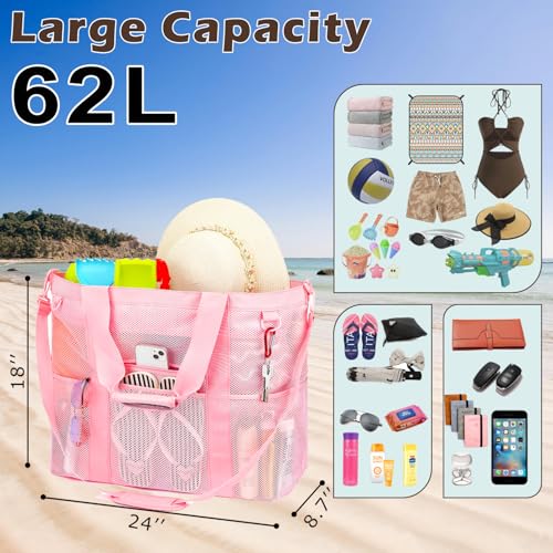 Image of Fammart Mesh Beach Bag for Women, Large Beach Toy Pool Bag with Zipper Pocket, SandProof Cruise Essentials 2026 Family Travel
