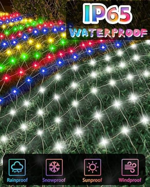 Christmas Net Lights 12ft x 5ft, 360 LED Outdoor Mesh Lights with 11 Modes, Waterproof Bush String Lights for Home Garden Yard Xmas Decorations Connecable, Timer (Cool White & Multicolor)