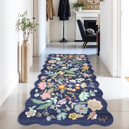 Washable 3x6 Hallway Runner Rug: Low-Pile Floral Scalloped Entryway Runners Non-Slip Stain Resistant Carpet for Kitchen Bathroom Laundry Room Soft Floor Mat for Living Room Bedroom Nursery(3x6/Purple)