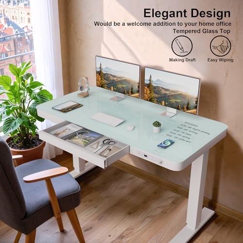 Image of Furmax Electric Glass Standing Desk with Drawer 48 x 24 Inch Adjustable Height Stand up Desk One-Piece Board Pre-Assembled Home Office Computer Desk with USB Ports, Glass Top