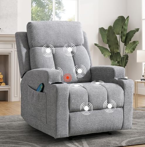 ANJ Manual Recliner Chair with Massage and Heat for Adults, Soft Fabric Massage Recliners with Two Cup Holders, Overstuffed Heavy Duty Reclining Sofa Chairs for Living Room