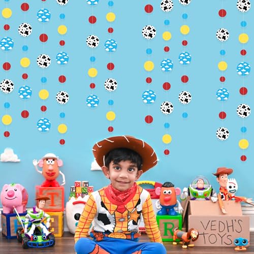 Image of Cartoon Story Party Decorations Blue Yellow Red Circle Dot with Cloud and Cow Print Polka Dots Garland Streamer for Kids Birthday Baby Shower Toy and Story Carnival Theme Party Decorations Supplies