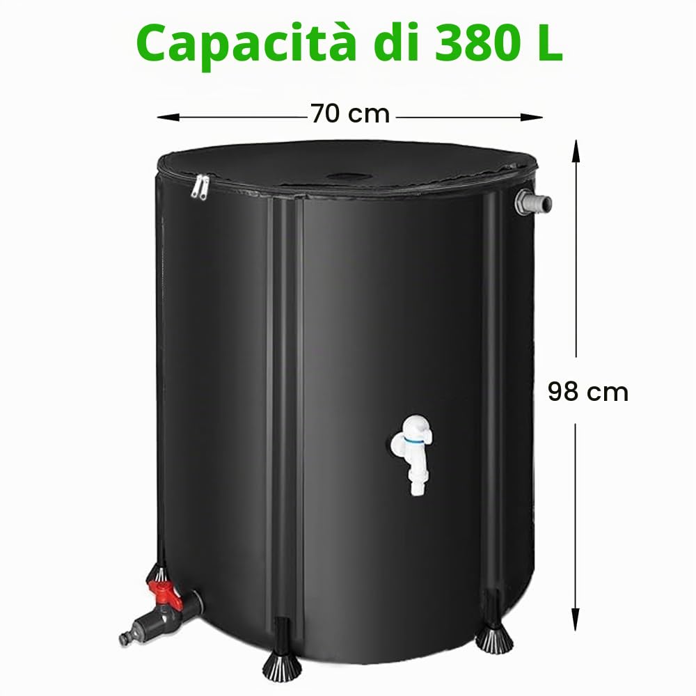 Melko - Serbatoio dell'acqua piovana pieghevole da 380 l con rubinetto, aste di supporto in PVC e tubo dell'acqua da 2 m – Barile per pioggia mobile con protezione da troppopieno e connettore