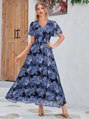 Image of Simplee Women's Boho Floral Maxi Dress Flowy Casual V Neck Short Sleeve Wedding Guest Holiday Beach Long Dress