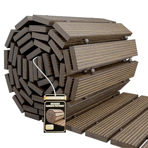 yoopin Wooden Garden Pathway Roll Out Walkway Flexible Outdoor Wood Boardwalk for Lawn Sand Backyard Non Slip Surface Portable Garden Path with Rubber Connectors 8FT Brown