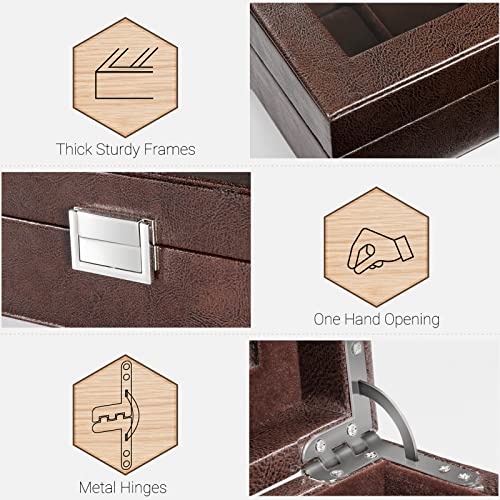 Sueh Design 6-Slot Watch Box For Men, Luxurious Leather Watch Display Case With Glass Top - Brown #TOP2