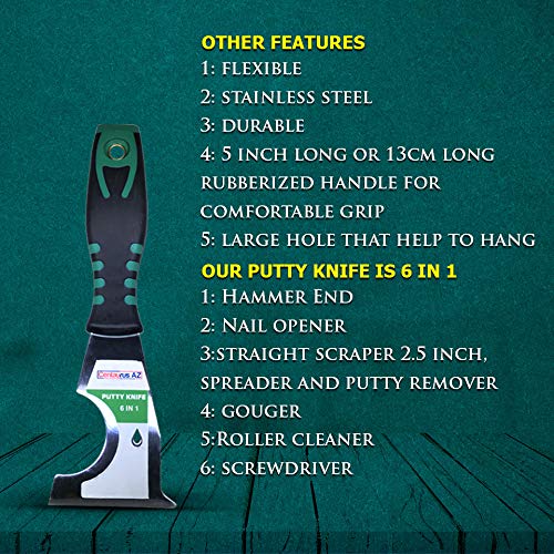 Centaurus AZ Putty Knife 6-in-1 Multi-tool Straight Scraper, Roller Cleaner, Gouger, Nail Puller, Can Opener, Screwdriver, Durable Handle with Hammer End, and Rigid Carbon Steel Blade, 2.5 Inch