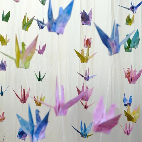 Image of Starry Sky Crane Paper Hanging Garlands(3stringsX 5.2ft), Watercolor Galaxy Origami Birds Streamers for Bedroom Bridal Shower Baby Shower Birthday Party Supplies Garden Ceiling Hanging Decor