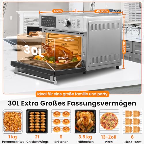 OIMIS Heißluftfritteuse xxl 30L 1800W, mini backofen mit umluft, 21 in 1 pizzaofen elektrisch mit Timer, 7 Zubehör, kochbuch, Dual Cook, Airfryer, Grillen, Backen, Stainless steel – Bild 5