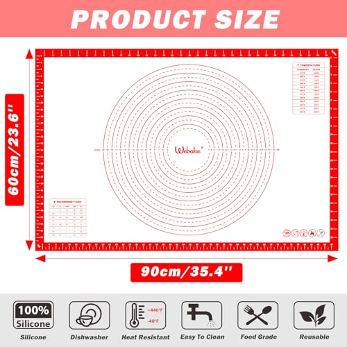 Webake Backmatte Silikon Groß XXL 90 x 60 cm Silikonmatte Backen Rutschfeste Backunterlage Silikon Matte Küche Teigmatte mit Messung für Fondant Gebäck Pizza Brot