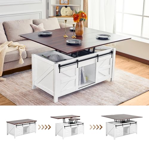 Roomark Mesa de centro regulable en altura, mesa de centro plegable, mesa de centro con espacio de almacenamiento, mesa de salón y mesa de centro, estilo rústico para salón, casa, oficina (120 x 110