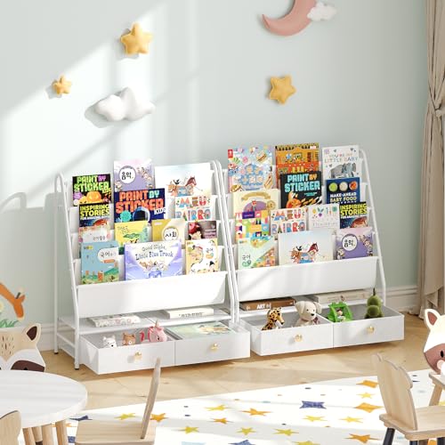 MAHANCRIS Kids Bookshelf, 4 Tier Toddler Bookshelf, Kids Sling Book Rack with 2 Fabric Drawers, Storage Nursery Book Shelf for Children, Toy Organizer, for Living Room, Study Room, White BKBW7401 - Image 3