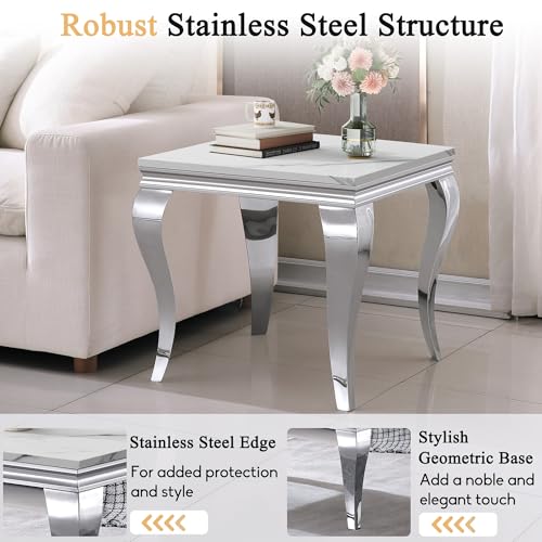 Image of Luxury Marble Side Table, Square End Table with Faux Marble Tabletop & Silver Stainless Steel S Legs, Modern Sofa Side Table for Living Room, Bedroom, Home Decor