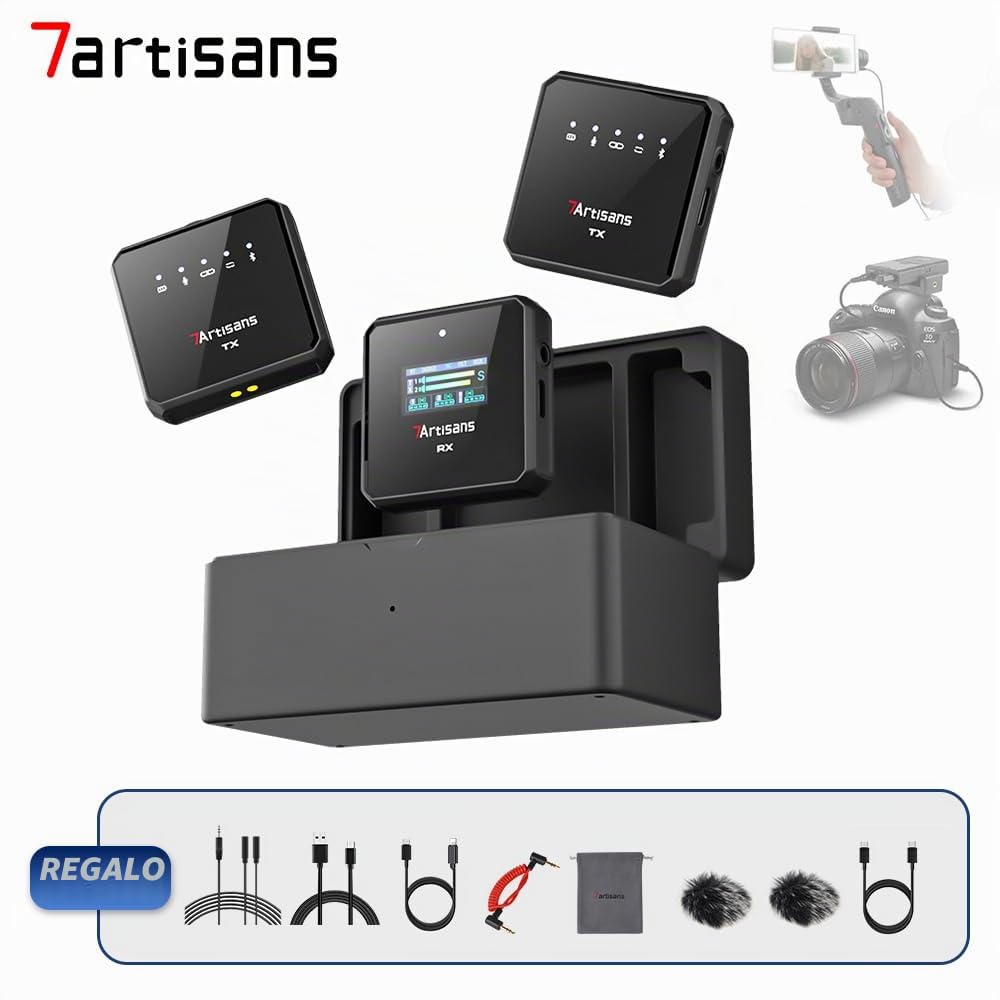 7artisans Micrófono inalámbrico Lavalier con transmisión inalámbrica de larga distancia de 100m, vida útil de la batería de 20H y reducción de ruido, banda sonora segura, compatible para cámaras DSLR