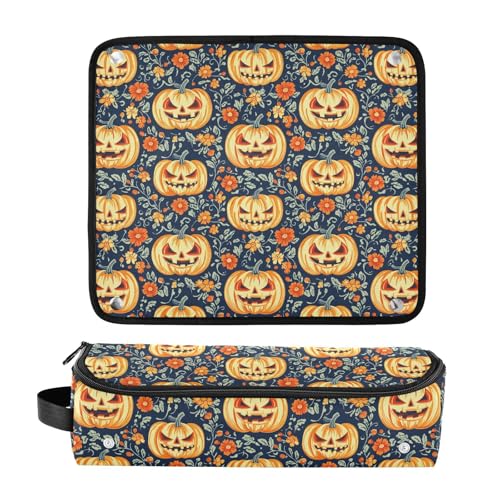 Bolsa de viaje y tapete resistente al calor para herramientas de cabello como planchas y rizadores, diseño cute Jack-o'-Lantern y mármol, portátil y organizador miniatura 3