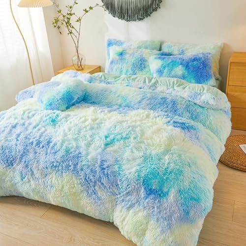 Faux Fur Fluffy Tie Dye Mint Green Comforter Cover King Set – Plush Faux Fur Tie Dye Mint Green Bedding 3-Piece Set (1 Duvet Cover + 2 Furry Pillow Shams) Cozy Bed Set