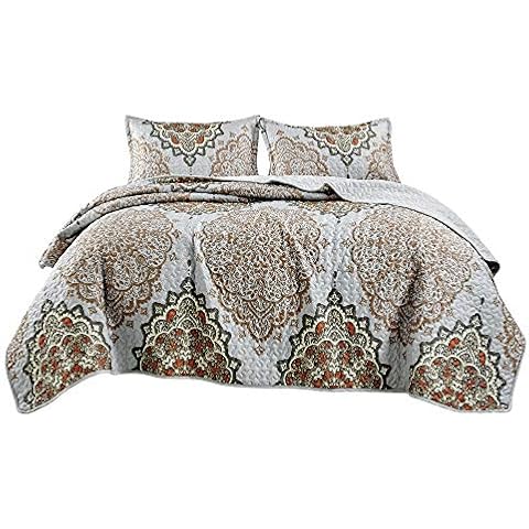Jaba 3-Piece Fine Printed King Size Quilt Set, All Season Bedspread, Gevira Lightweight Coverlet with Pillow Shams Summer Bed Cover in Orange, Grey and Brown with Elegant Medallion Pattern Cover